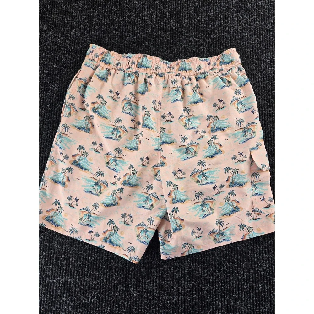 Havana Jim Mens L Tropical Palm Tree Print Swim Trunks Peach Cargo Pocket Shorts